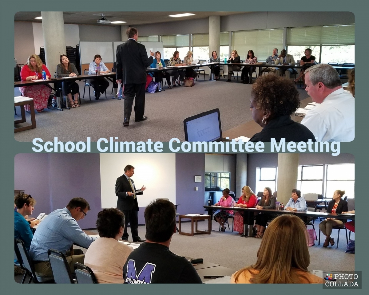 School Climate Committee Meeting collage of teachers at desks