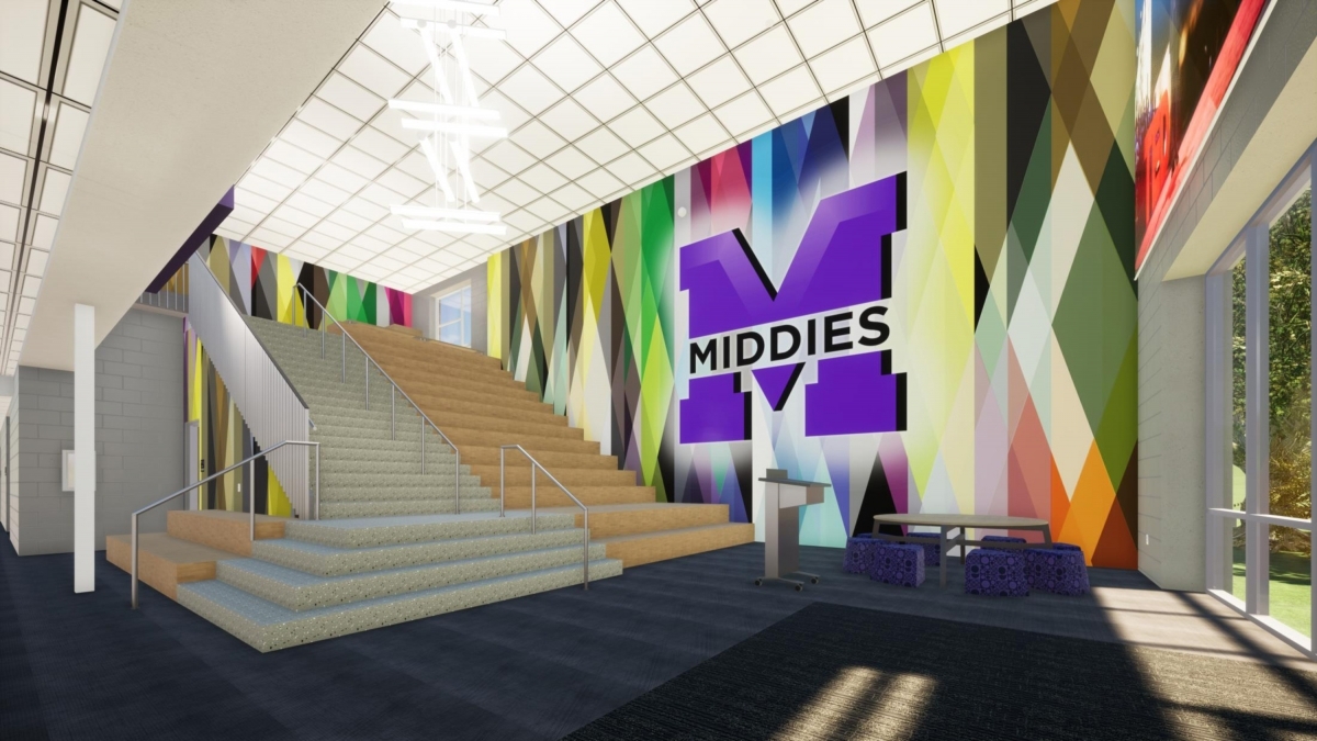 stairs with Middies logo on wall