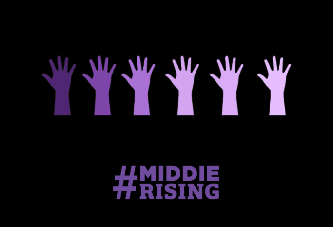 Middie Rising poster with purple clip art hands