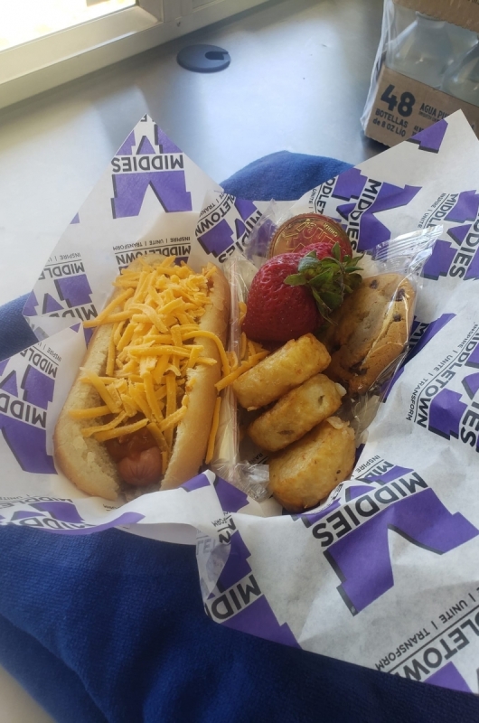 lunch basket with tater tots and chili dog and strawberry
