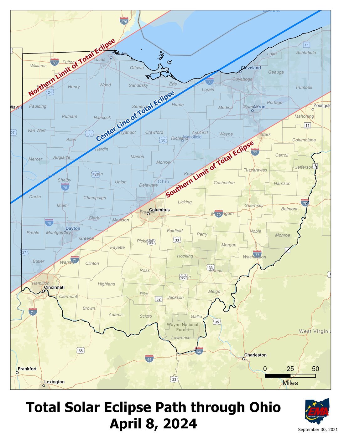 Map shows the path of the total solar eclipse through Ohio on 4/8/24