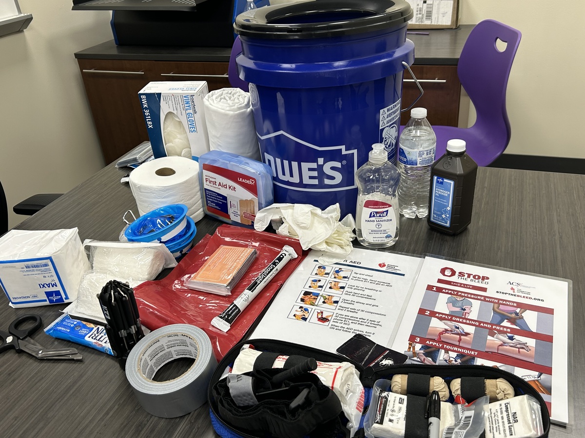 Blue Lowe's bucket on table with safety items
