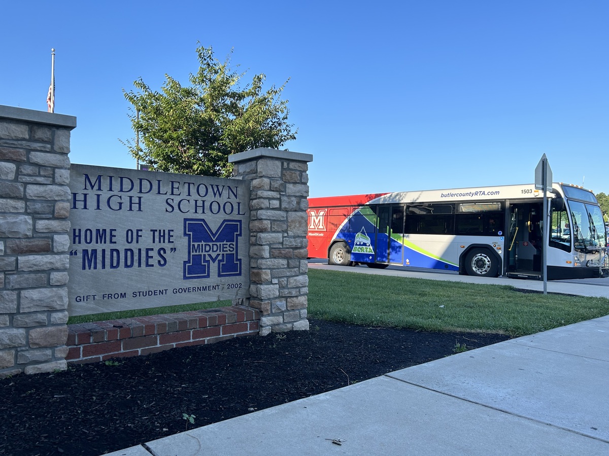 Middletown High School sign with BCRTA bus in the background