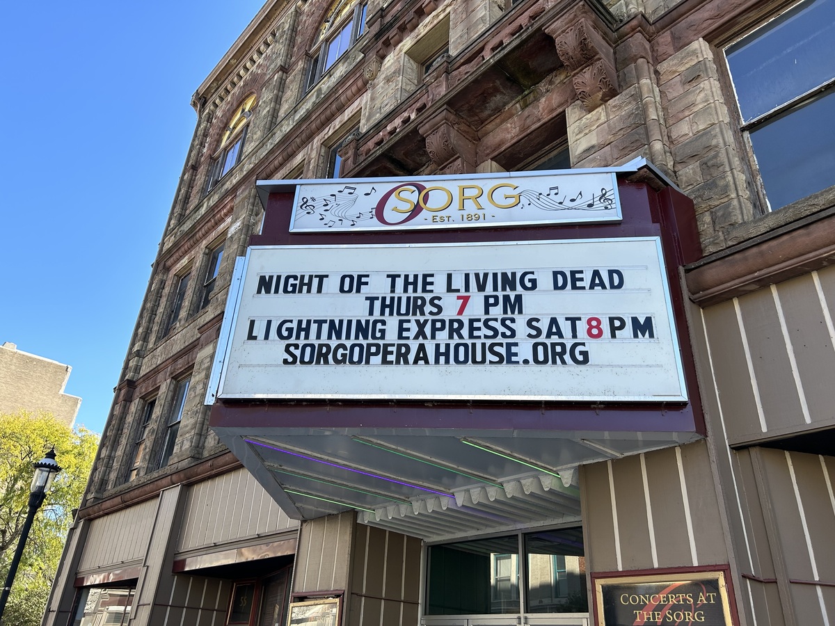 Sorg opera house marquee reads "night of the living dead thurs 7 pm"