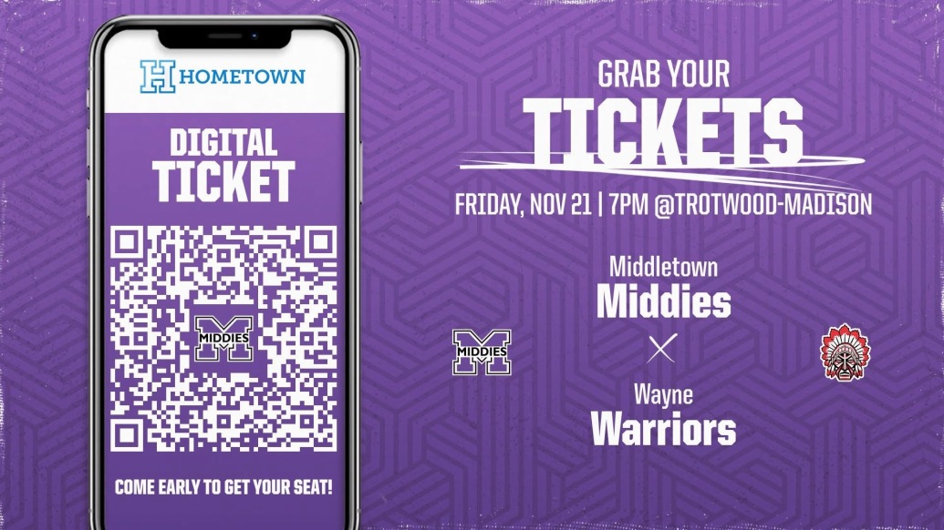 Image of Cell phone screen with a mock QR code for ticket sales. Logos of Middletown and Wayne are featured with a purple background