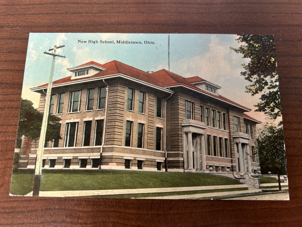Photo shows a postcard from circa 1915 showing the "new" Middletown High School