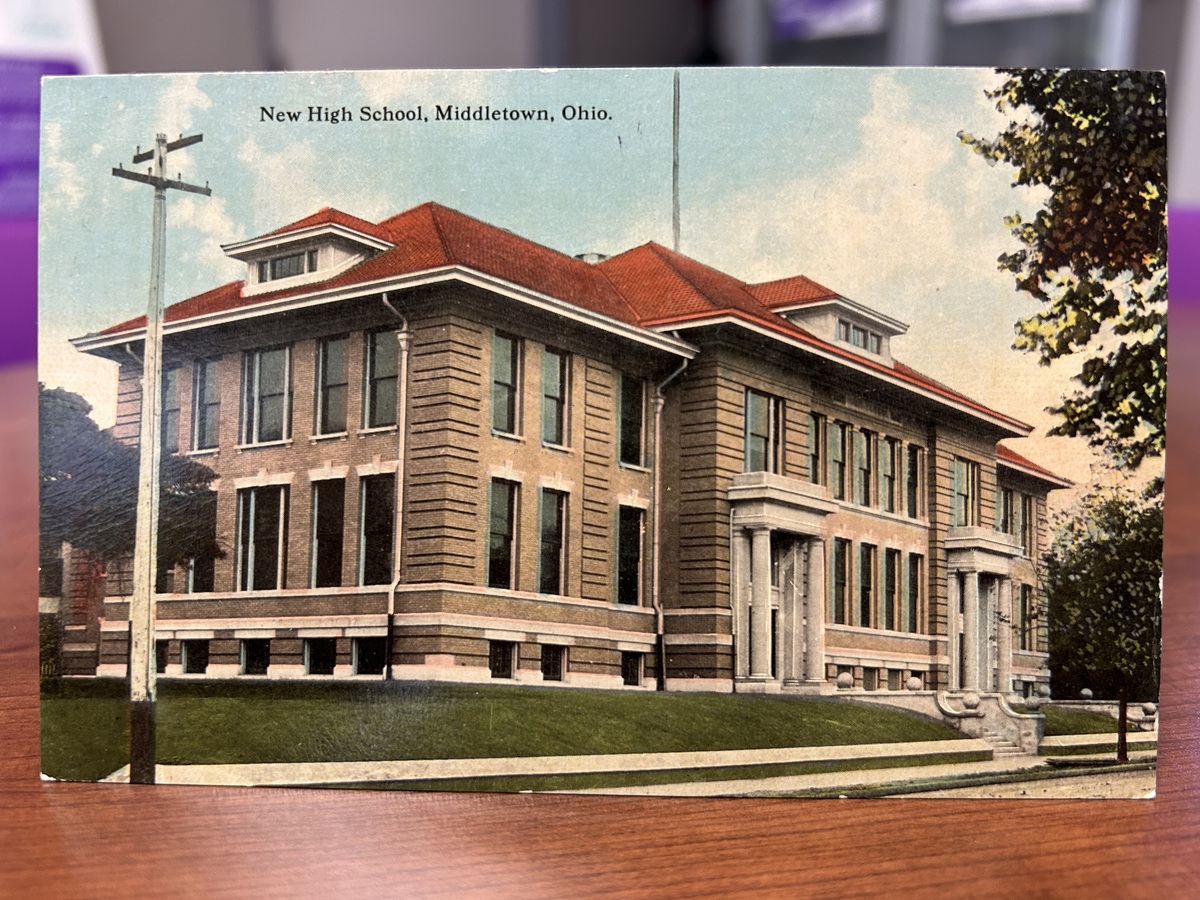 Photo shows a postcard from circa 1915 showing the "new" Middletown High School