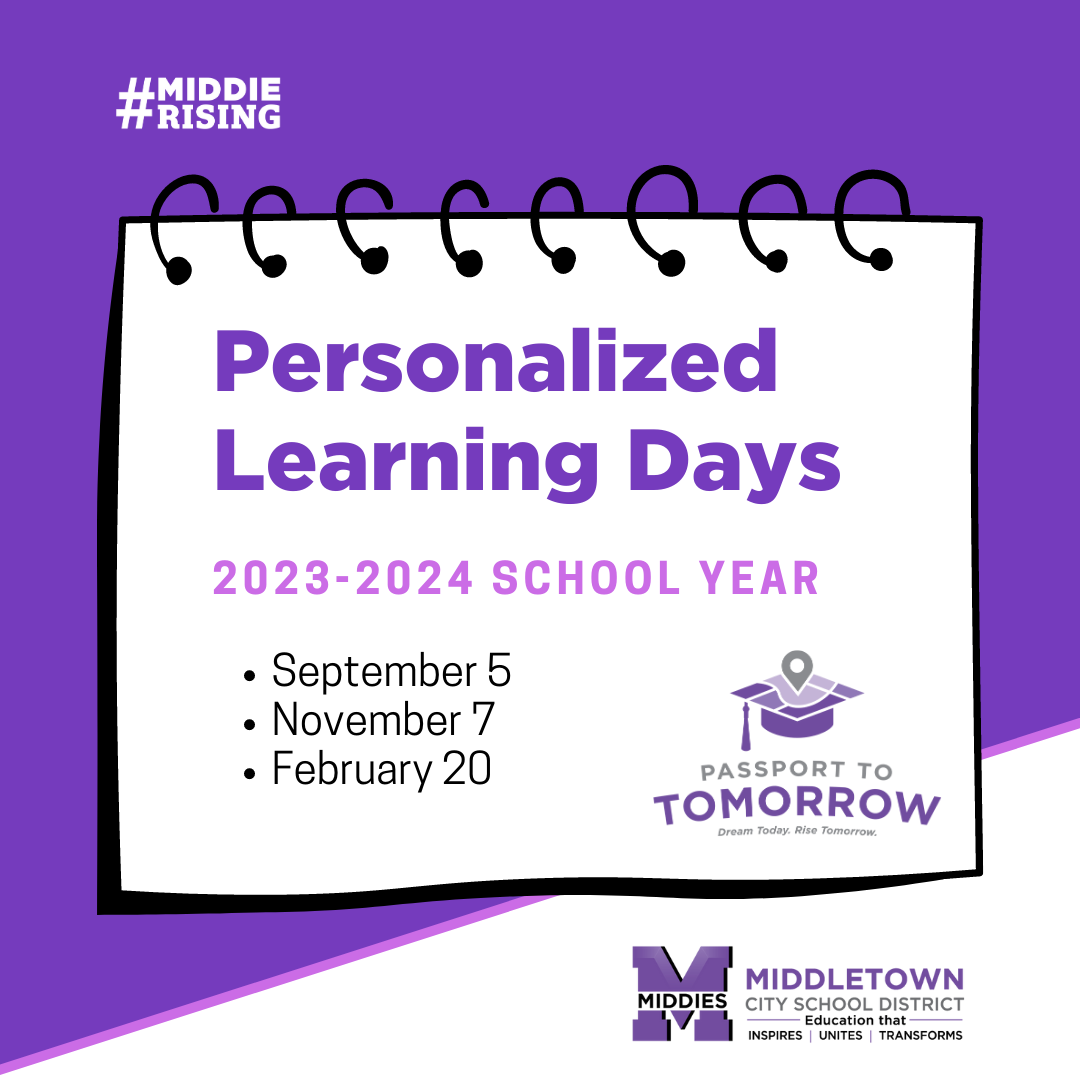Purple graphic with text information about Personalized Learning Days on a calendar image