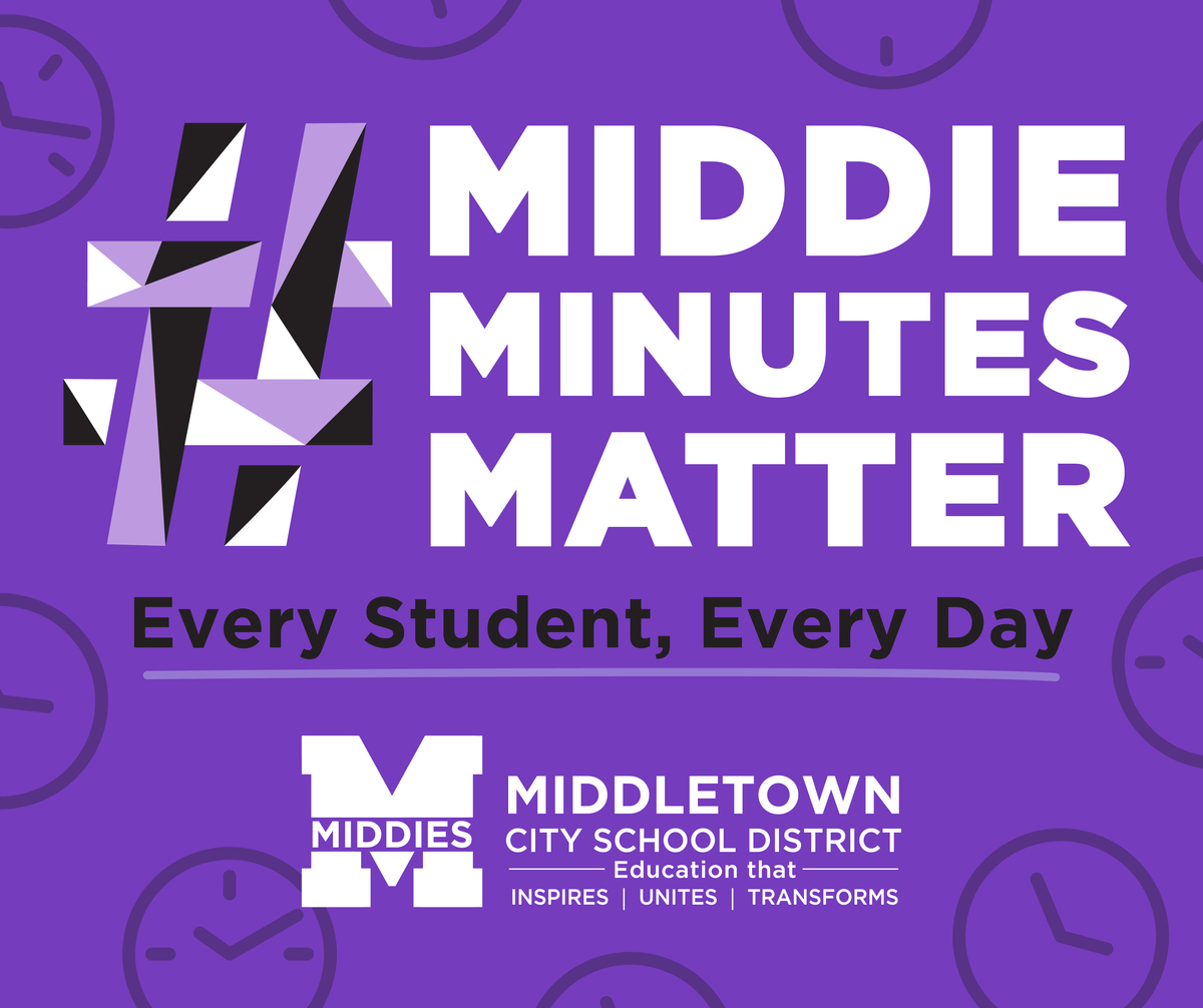 Purple graphic with clocks in the background reads "#Middie Minutes Matter Every Student, Every Day"