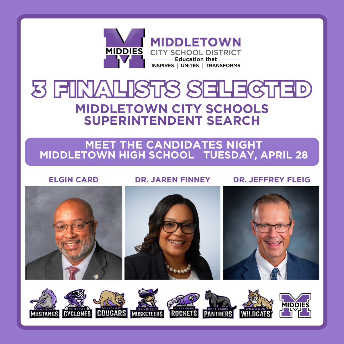 superintendent finalists Elgin Card, Dr Jaren Finney and Jeffrey Fleig