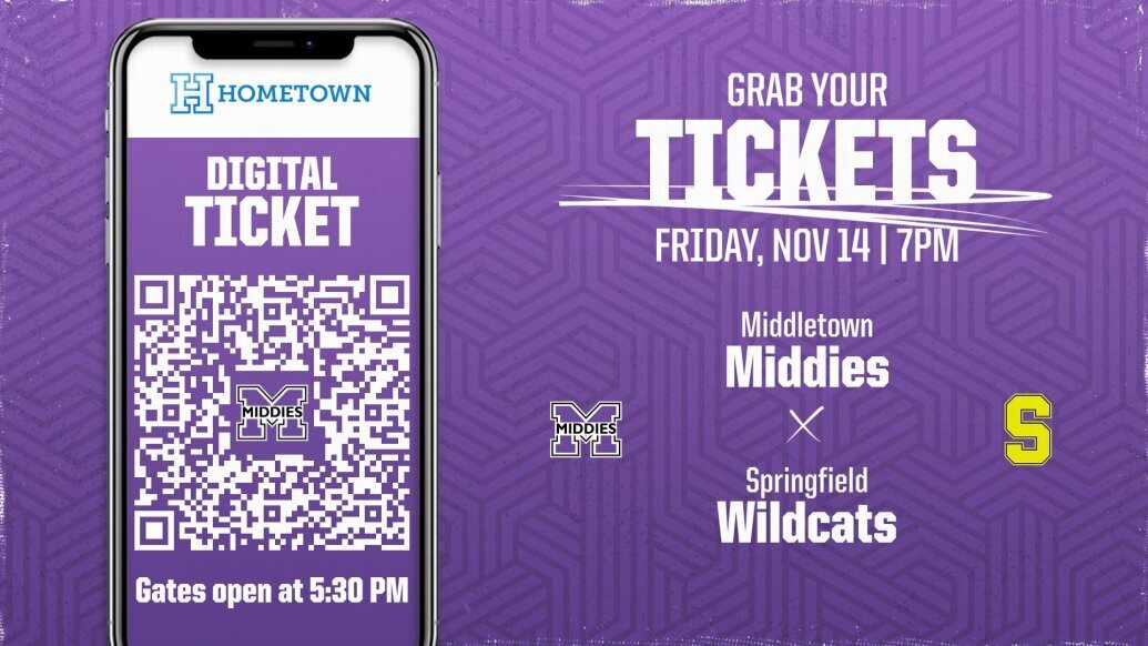 Image with time, date, location of football playoff game. Left side of the image has a phone screen with a QR code to purchase a ticket from Hometown Ticket