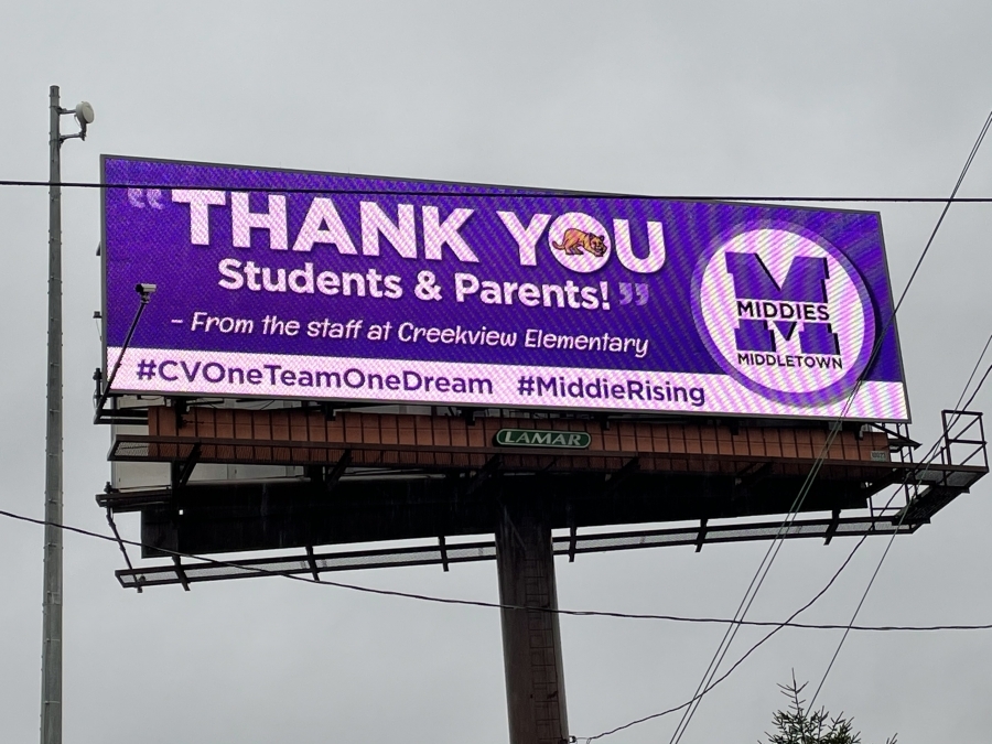 Middletown Schools billboard with Middies logo and Thank You