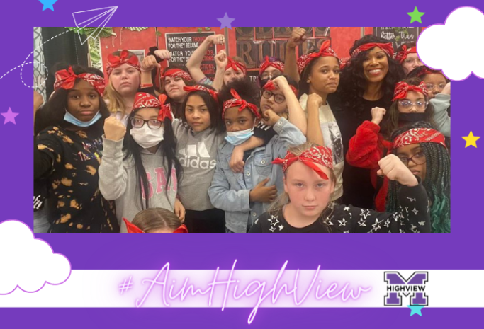 #AimHighview text with students dressed up with bandannas 