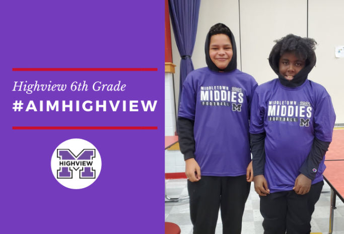 #AimHighview text with students smiling wearing Middies shirts