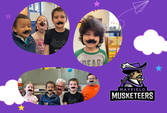 Mustaches on Kids collage with Musketeers logo