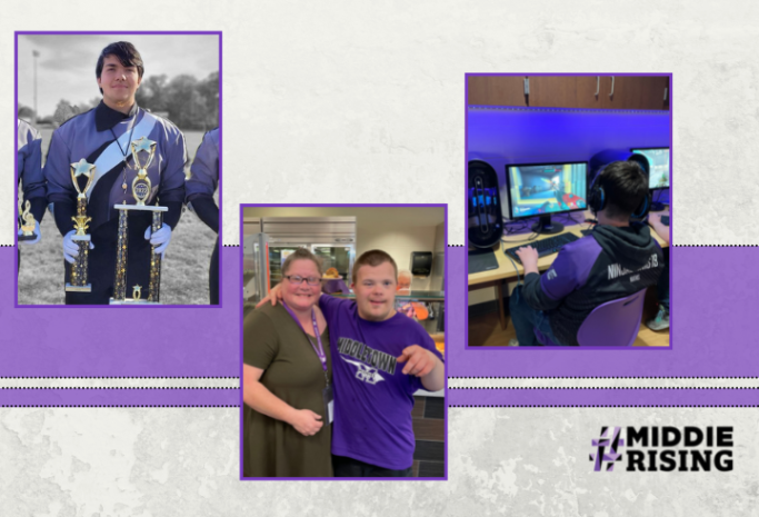 Photo collage: band member with trophies, student with teacher, student gaming