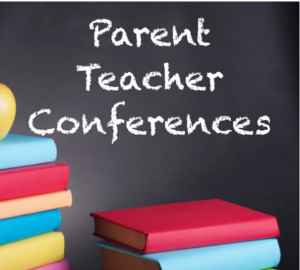 Parent Teacher Conferences on chalk board with books