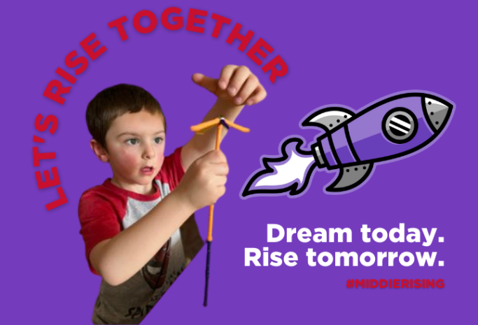 Let's Rise Together. Dream today. Rise tomorrow. text with kid working on project